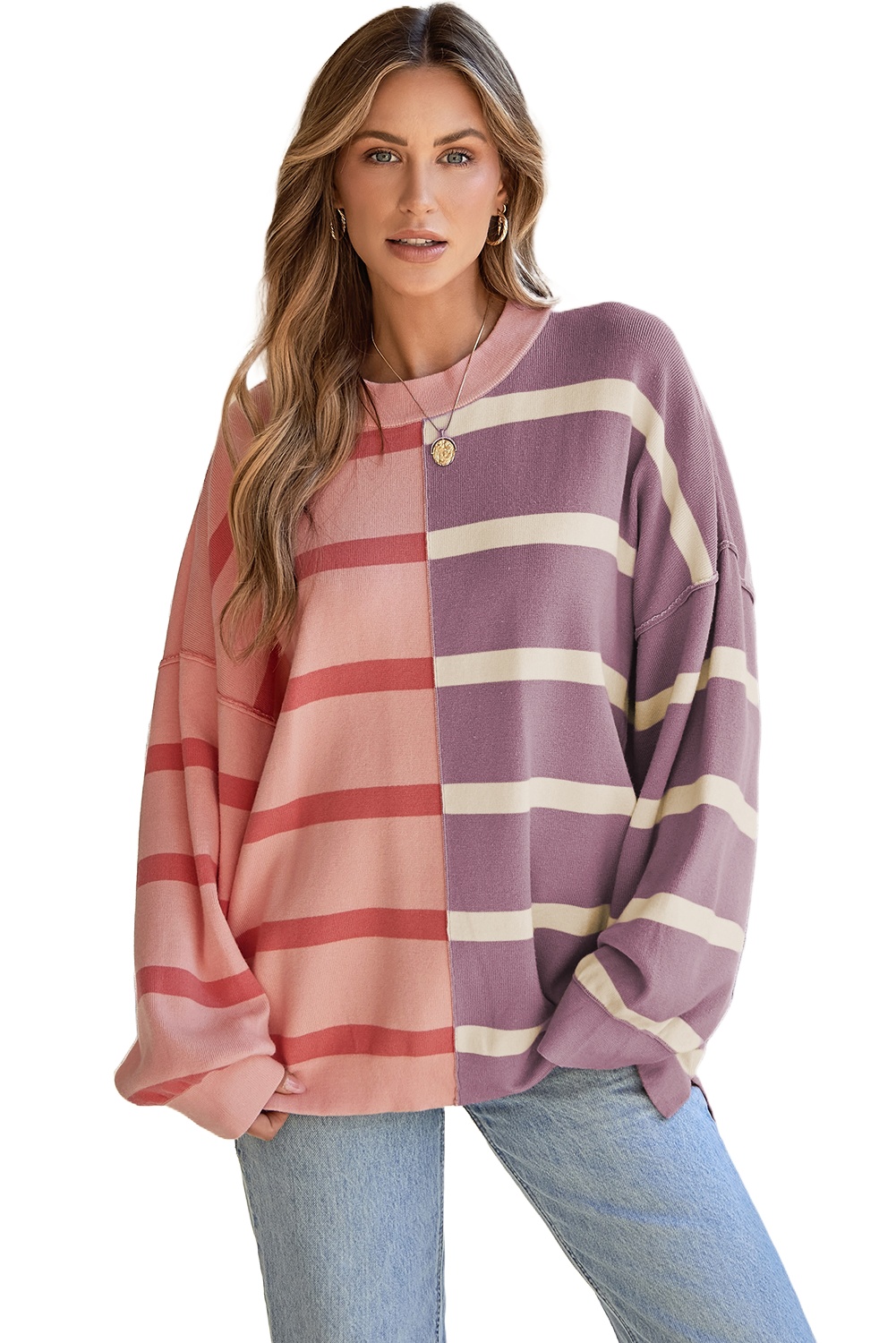 Women's Oversized Pink Stripe Colorblock Crew Neck Sweater - Main View Women's Oversized Pink Stripe Colorblock Crew Neck Sweater - Main View