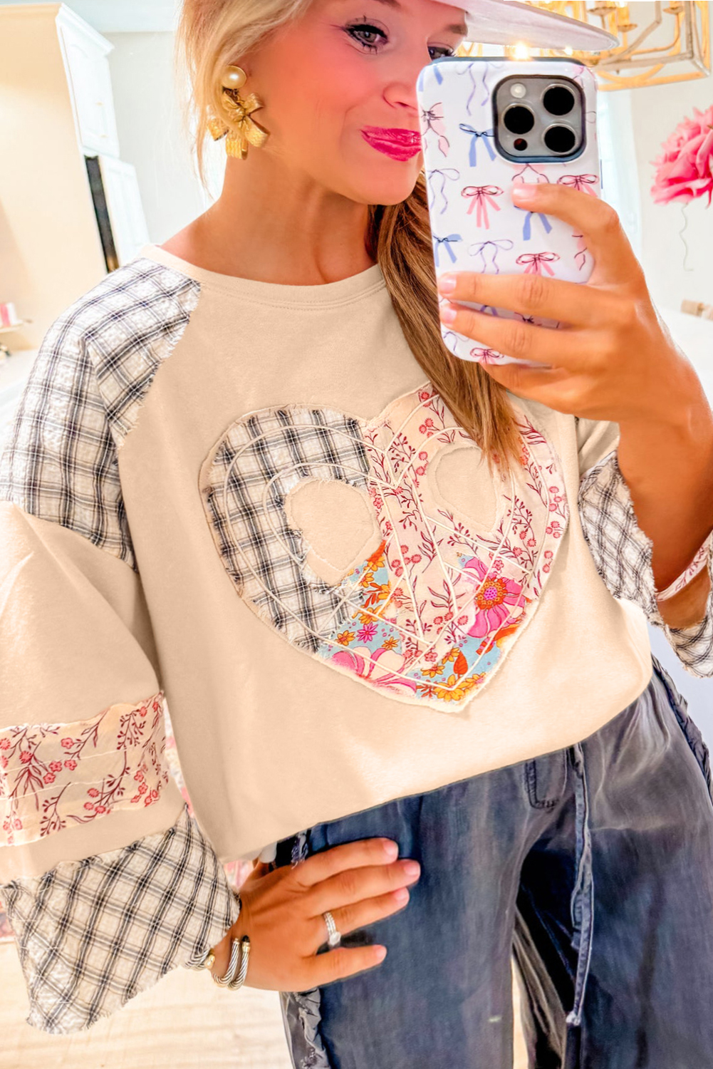 Beige Plaid Floral Heart Graphic Ladies Wide Long Sleeve Top - Casual Daily Wear - Detail View 6 Beige Plaid Floral Heart Graphic Ladies Wide Long Sleeve Top - Casual Daily Wear - Detail View 6