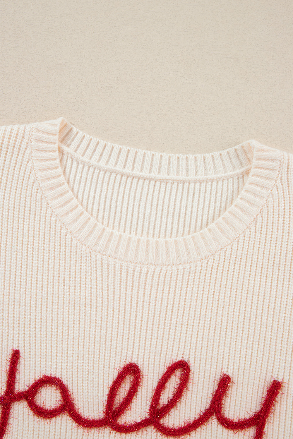 Stylish Loose Fit Christmas Sweater with Holly Jolly Graphic and Striped Sleeves - Detail View 14 Stylish Loose Fit Christmas Sweater with Holly Jolly Graphic and Striped Sleeves - Detail View 14