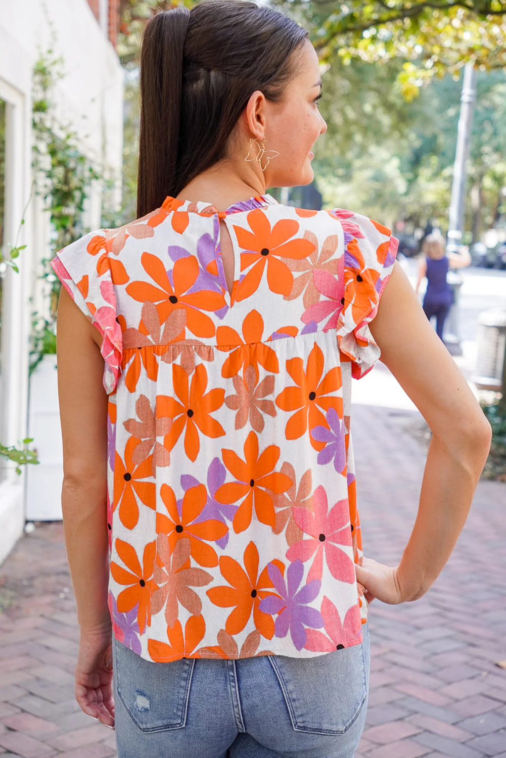 Women's Floral Smocked Top, Orange Ruffled Short Sleeve Blouse - Detail View 4 Women's Floral Smocked Top, Orange Ruffled Short Sleeve Blouse - Detail View 4