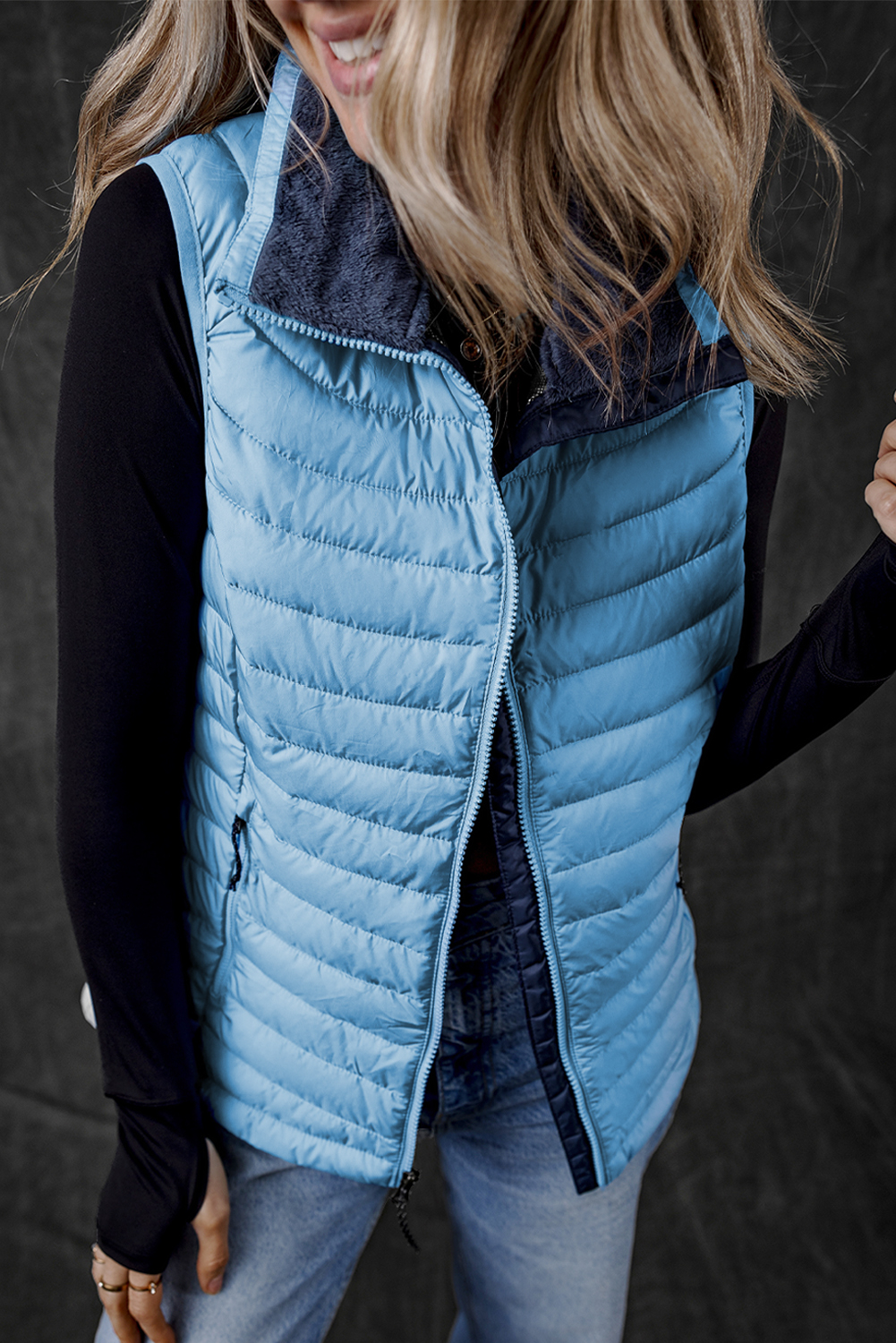 Trendy Sleeveless Puffer Vest in Sky Blue - Insulated and Cozy - Detail View 2 Trendy Sleeveless Puffer Vest in Sky Blue - Insulated and Cozy - Detail View 2