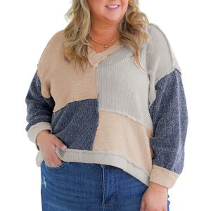 Ashleigh Blue Plus Size Textured Colorblock Patchwork V Neck Long Sleeve Top - Main View