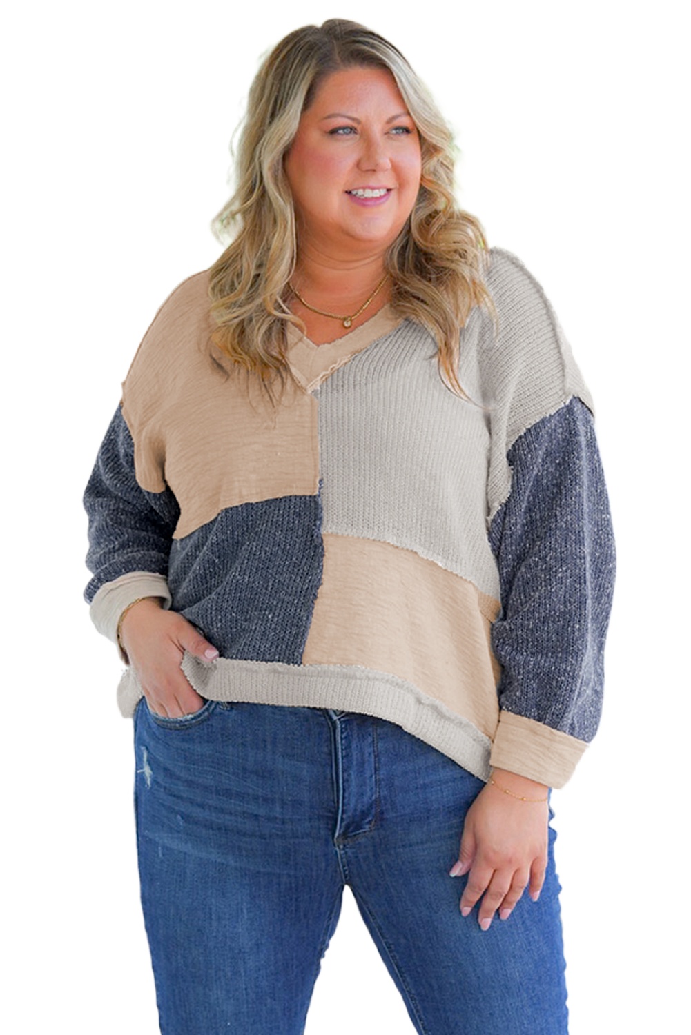 Ashleigh Blue Plus Size Textured Colorblock Patchwork V Neck Long Sleeve Top - Main View Ashleigh Blue Plus Size Textured Colorblock Patchwork V Neck Long Sleeve Top - Main View