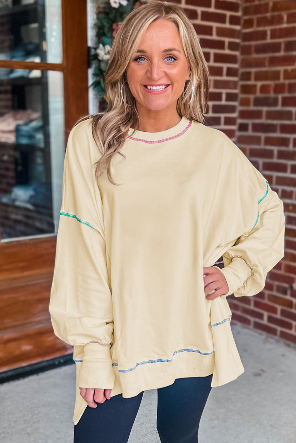 Women's Contrast Stitch Sweatshirt, Casual Long Sleeve Top - Detail View 7 Women's Contrast Stitch Sweatshirt, Casual Long Sleeve Top - Detail View 7