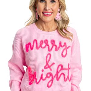 Women's Pink Merry & Bright Pop Up Letter Waffle Knit Sweater - Main View