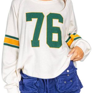 Women's White Number 76 Printed Retro Sporty Long Sleeve Top - Main View
