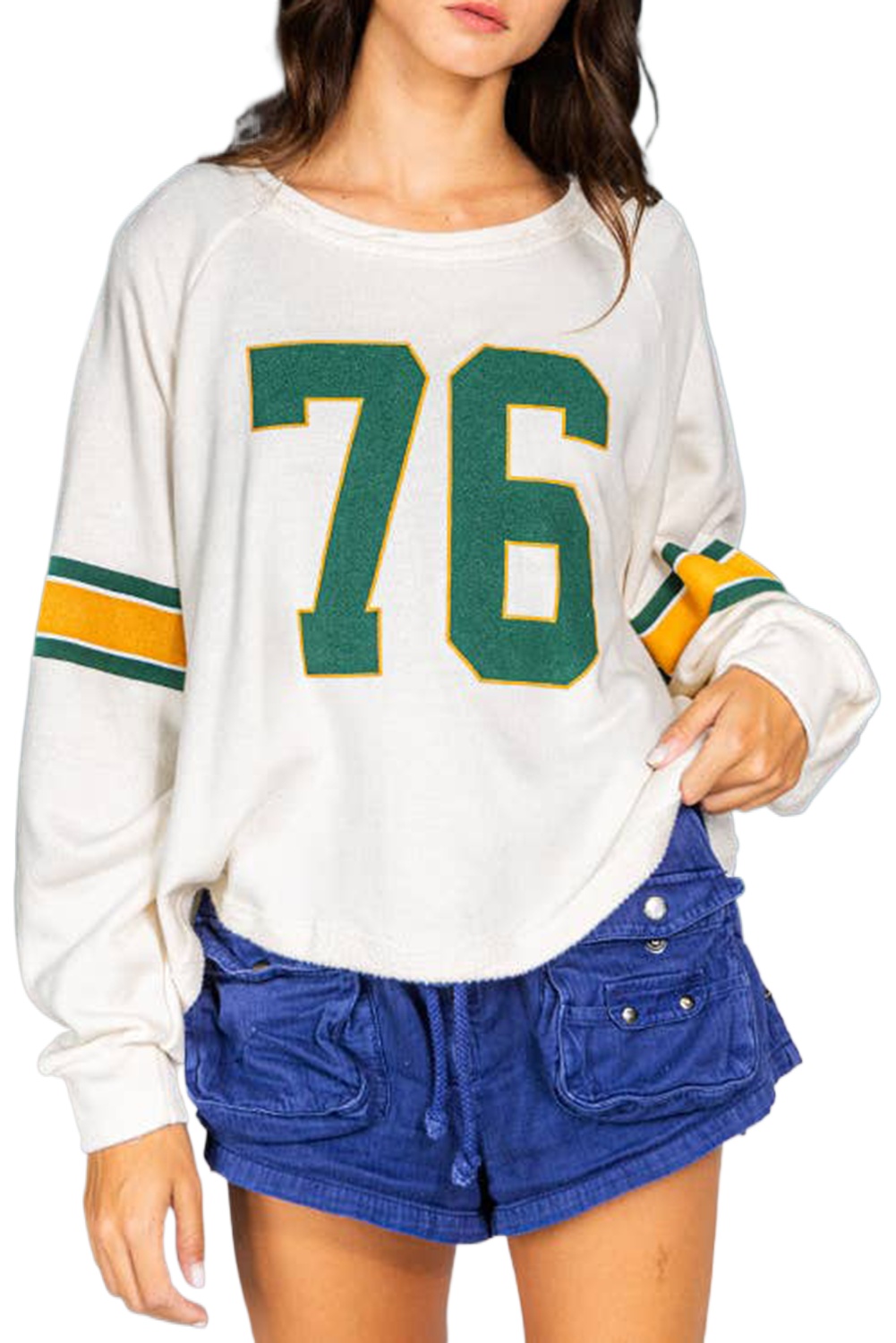 Women's White Number 76 Printed Retro Sporty Long Sleeve Top - Main View Women's White Number 76 Printed Retro Sporty Long Sleeve Top - Main View