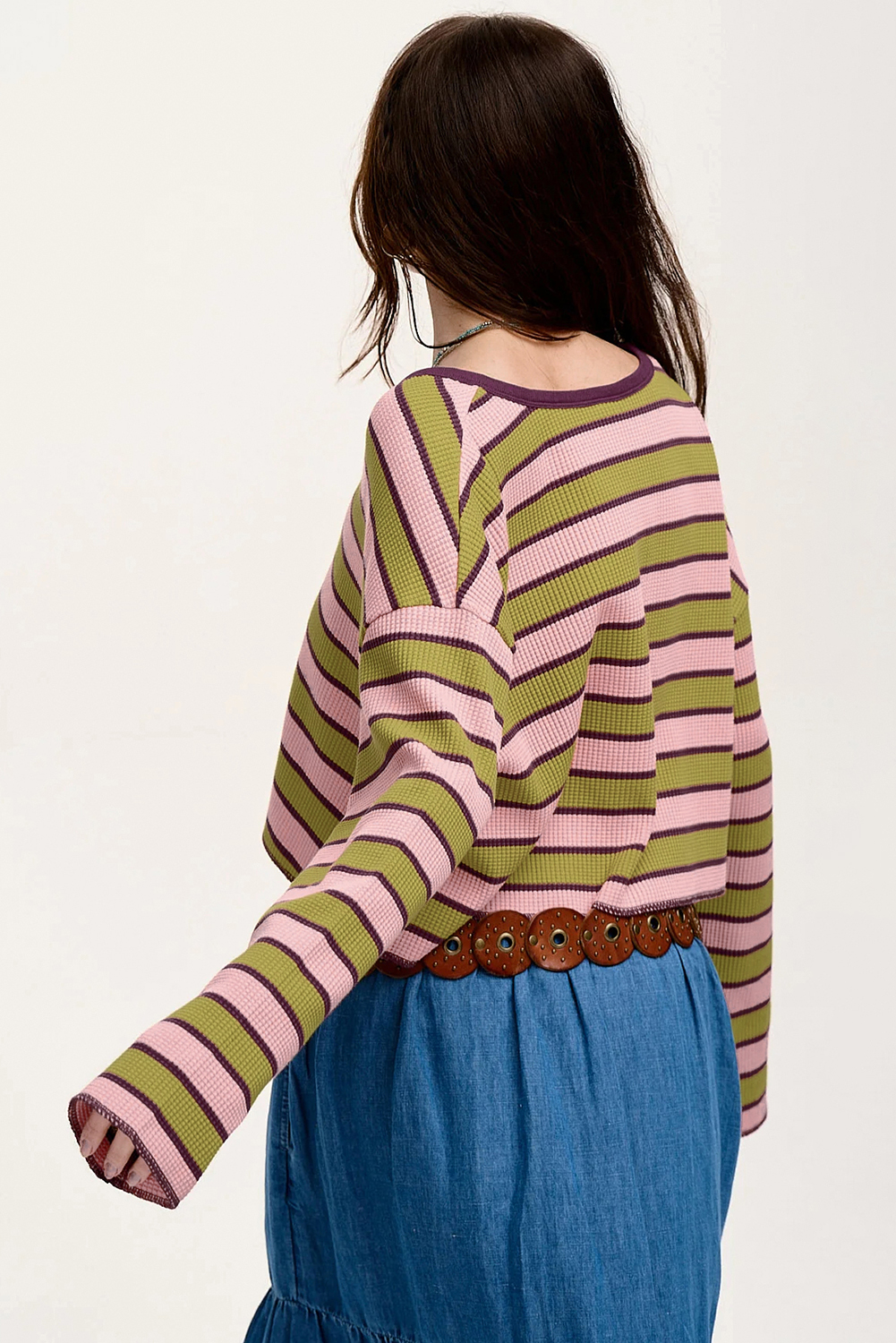 Casual Spinach Green Long Sleeve Top - Trendy Striped Pattern & Waffle Texture - Detail View 2 Casual Spinach Green Long Sleeve Top - Trendy Striped Pattern & Waffle Texture - Detail View 2