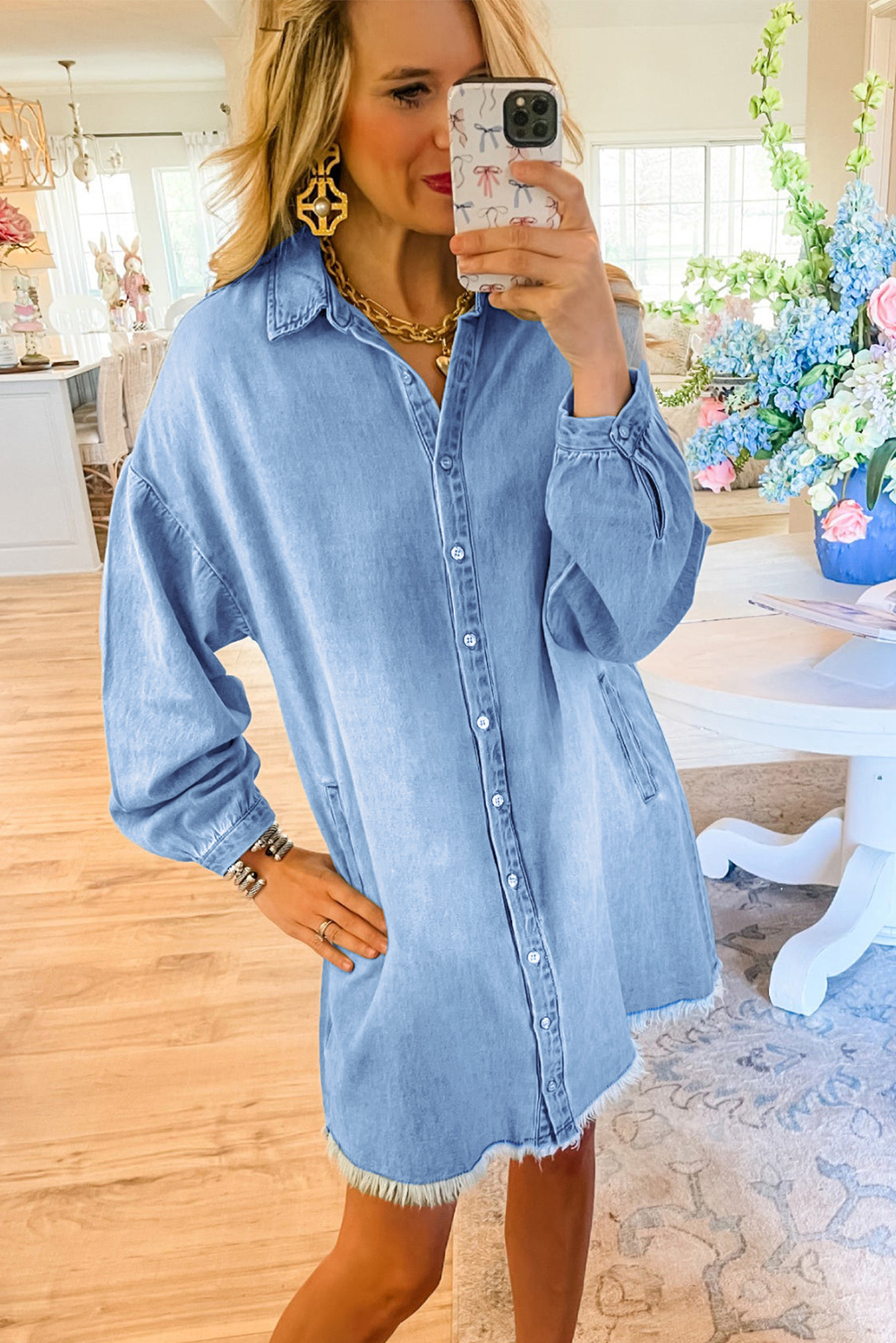 Women's Beau Blue Risen Medium Washed Denim Shift Dress - Detail View 6 Women's Beau Blue Risen Medium Washed Denim Shift Dress - Detail View 6