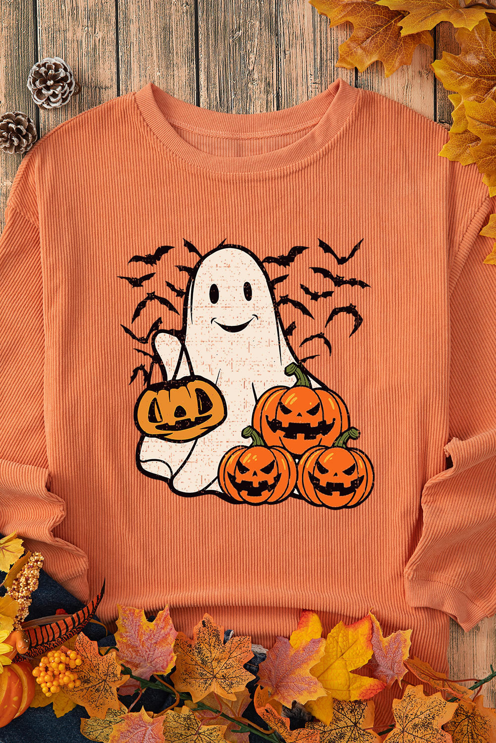 Women's Orange Halloween Ghost & Pumpkin Bat Print Pullover Sweatshirt - Detail View 9 Women's Orange Halloween Ghost & Pumpkin Bat Print Pullover Sweatshirt - Detail View 9