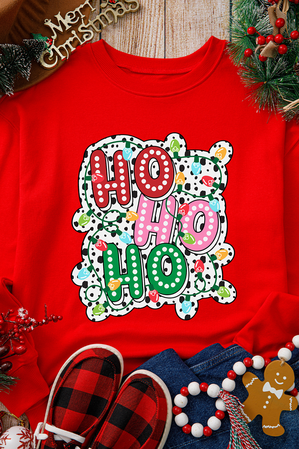 Festive Red Sweatshirt for Women - Holiday Cheer with Colorful Lights and HO HO HO Graphic - Detail View 6 Festive Red Sweatshirt for Women - Holiday Cheer with Colorful Lights and HO HO HO Graphic - Detail View 6