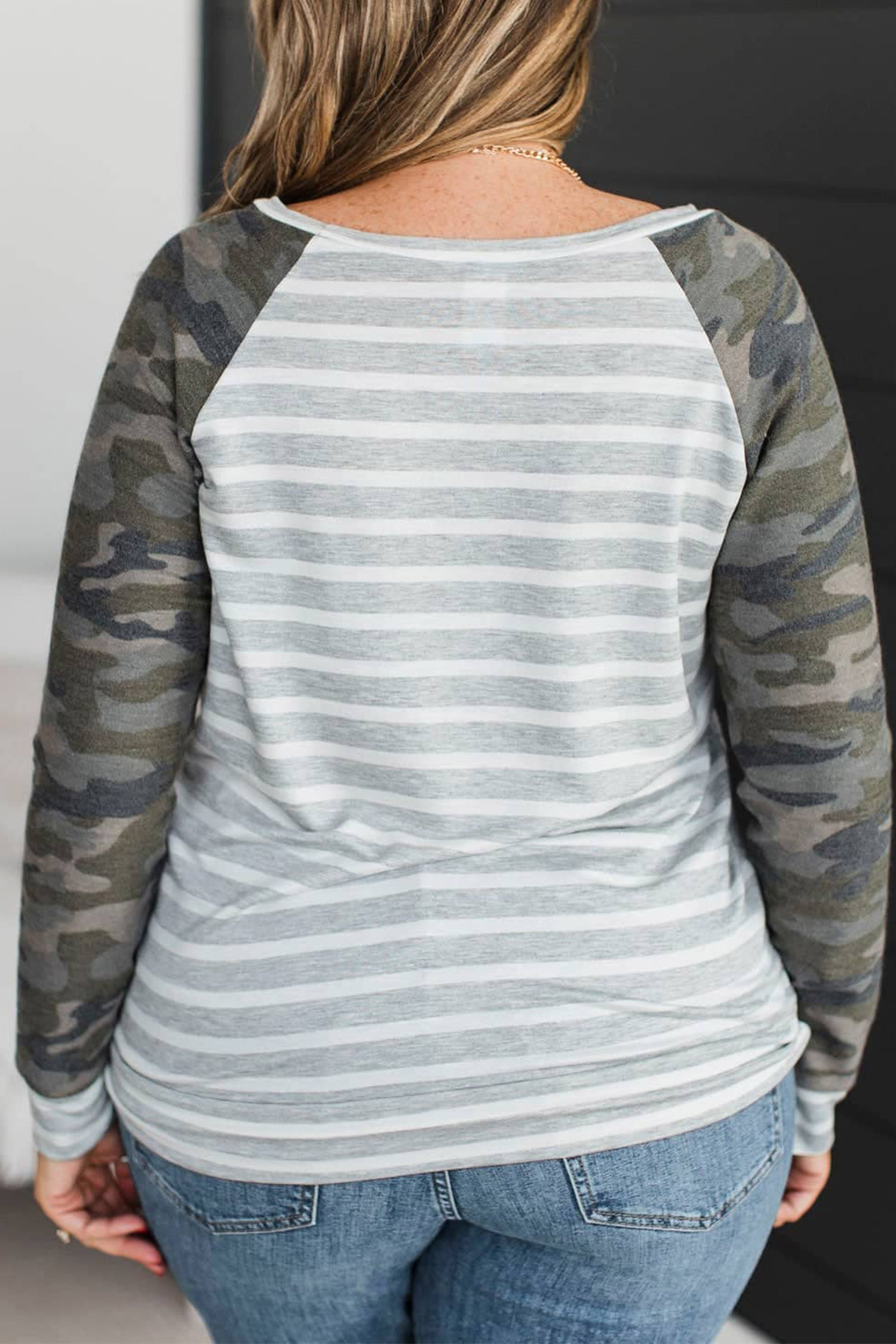 Stylish Camo Print Blouse, Soft Striped Round Neck Shirt - Detail View 5 Stylish Camo Print Blouse, Soft Striped Round Neck Shirt - Detail View 5