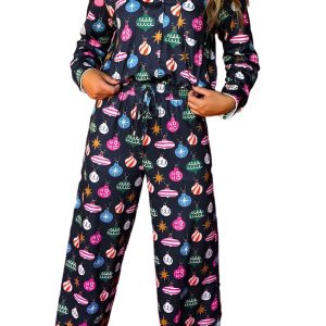 Women's Navy Blue Colorful Christmas Lights Print Pajama Set - Main View