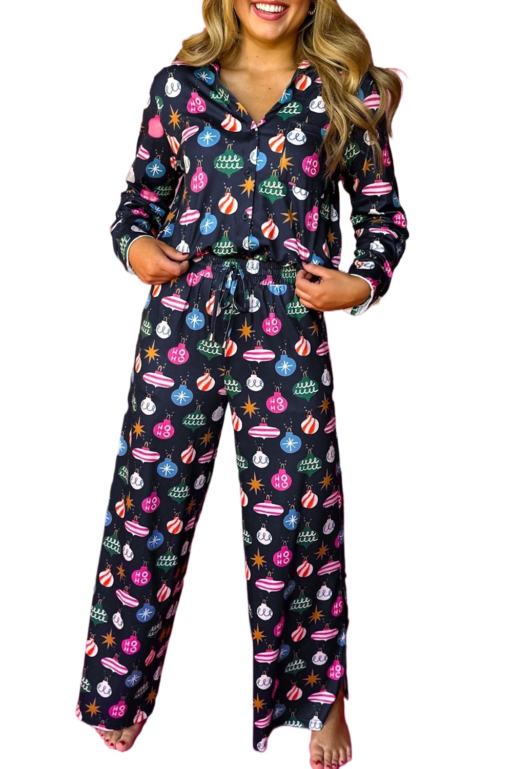Women's Navy Blue Colorful Christmas Lights Print Pajama Set - Main View Women's Navy Blue Colorful Christmas Lights Print Pajama Set - Main View