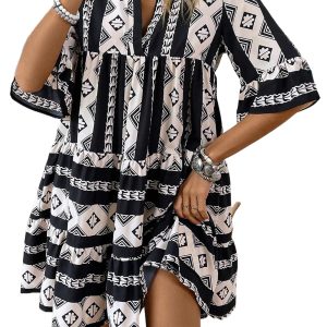 Women's Black V Neck Geometric Print Ruffled Mini Dress - Main View