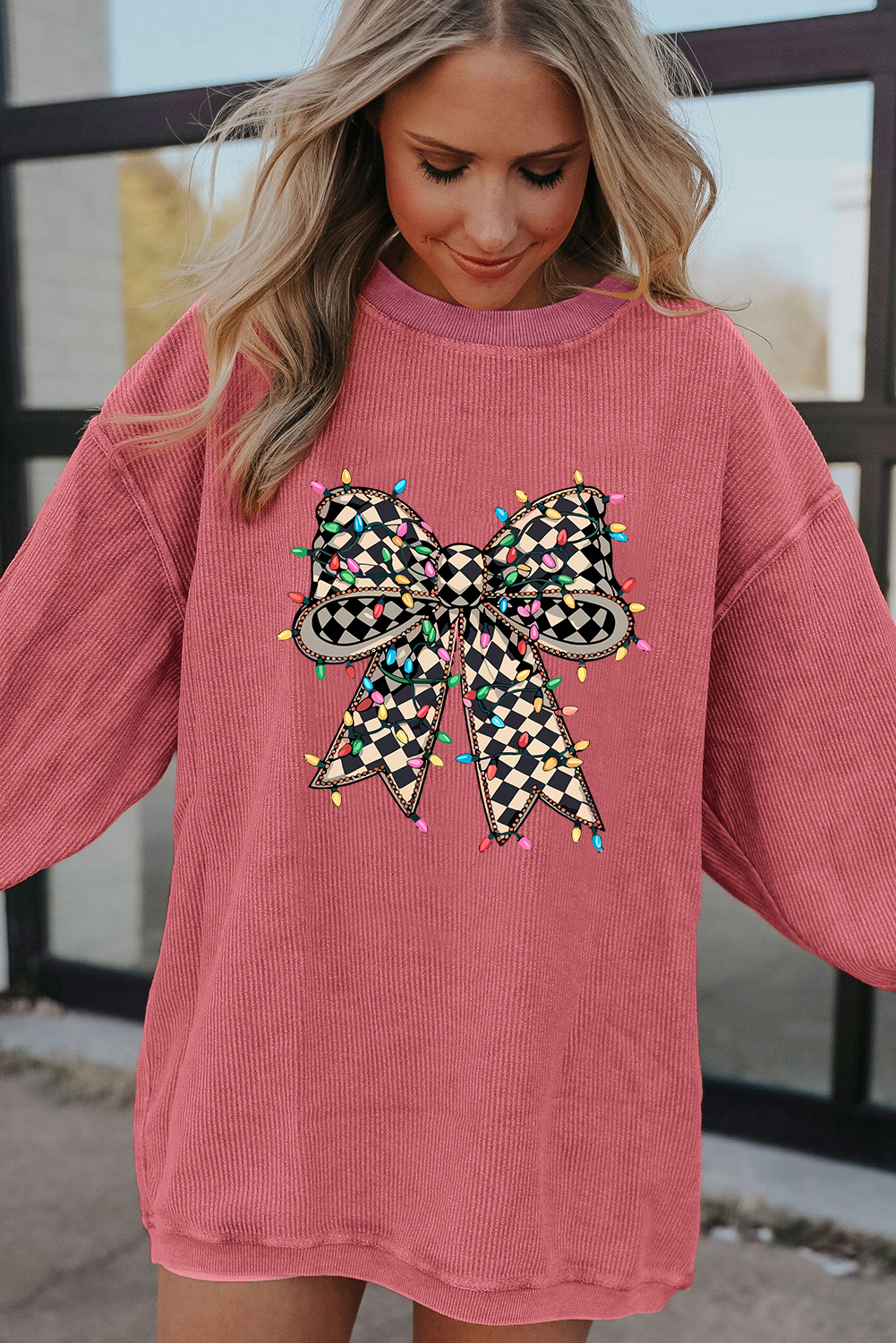 Women's Sweatshirt, Strawberry Pink, Checkered Bow Print, Crew Neck, Casual Style, Long Sleeve, Ribbed Fabric, Pullover, Comfortable, Daily Wear, Trendy Graphic Sweatshirt, Shift Fit, Fashionable Wardrobe Addition - Detail View 4 Women's Sweatshirt, Strawberry Pink, Checkered Bow Print, Crew Neck, Casual Style, Long Sleeve, Ribbed Fabric, Pullover, Comfortable, Daily Wear, Trendy Graphic Sweatshirt, Shift Fit, Fashionable Wardrobe Addition - Detail View 4
