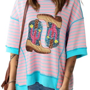 Women's Pink Stripe Sequin Western Cactus Boots Graphic T-Shirt - Main View