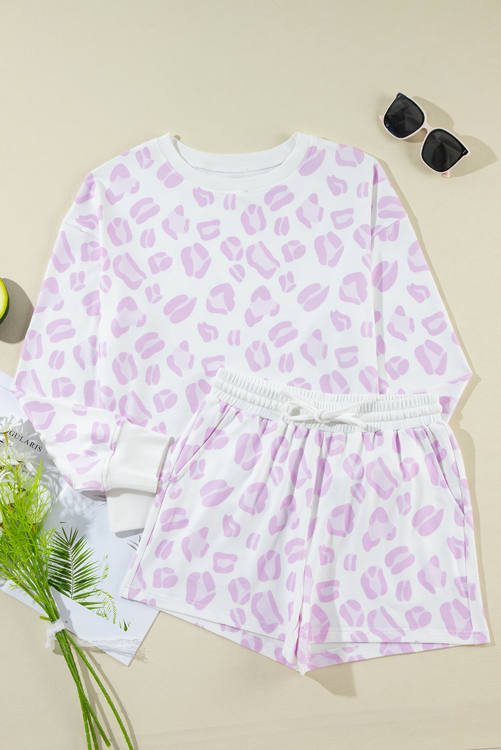 Women's Pink Leopard Animal Print Lounge Set Pullover and Shorts - Detail View 6 Women's Pink Leopard Animal Print Lounge Set Pullover and Shorts - Detail View 6