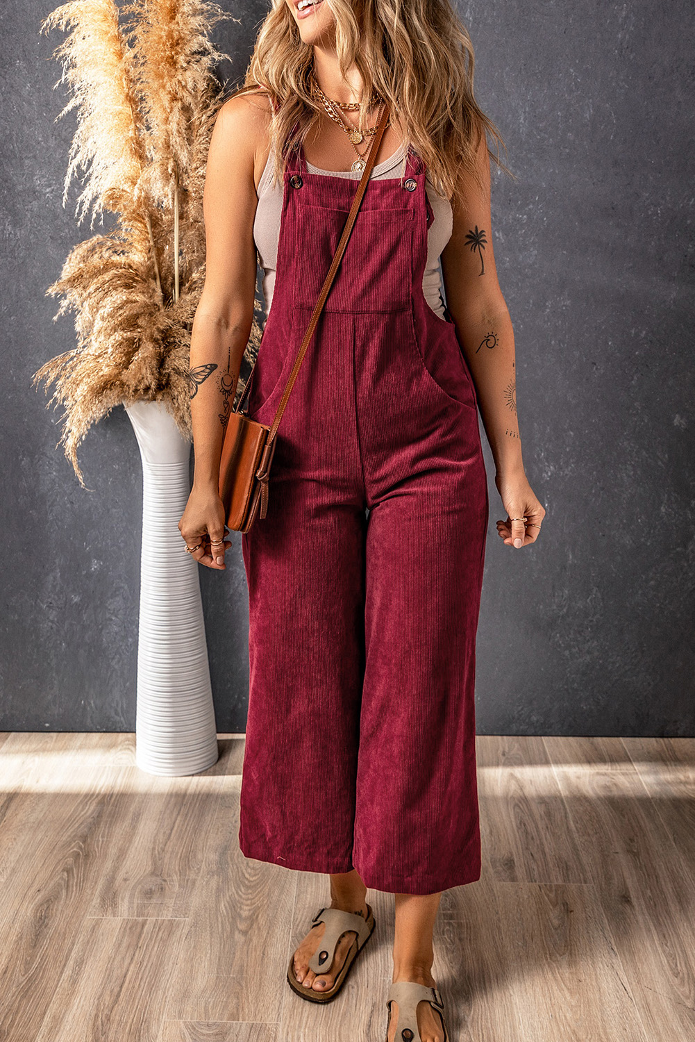 Casual Corduroy Bib Overalls, Adjustable Strap Red Jumpsuit - Detail View 2 Casual Corduroy Bib Overalls, Adjustable Strap Red Jumpsuit - Detail View 2