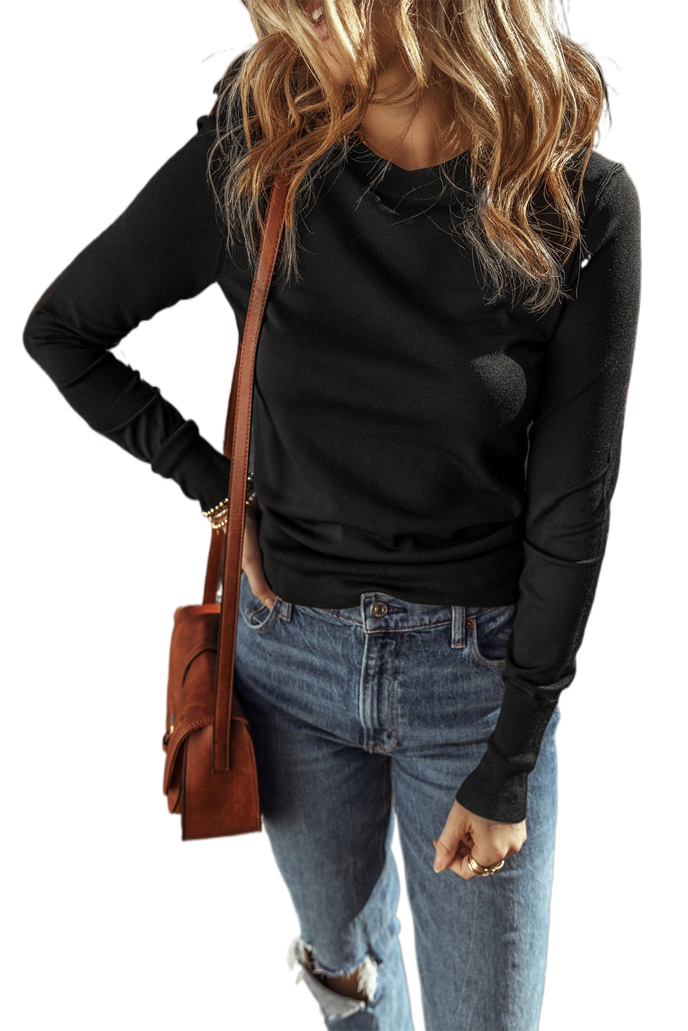 Women's Black Solid Color Slim Fit Lightweight Crew Neck Sweater for Everyday Style - Main View Women's Black Solid Color Slim Fit Lightweight Crew Neck Sweater for Everyday Style - Main View
