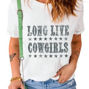 Women's Long Live Cowgirls Star Print Round Neck T-Shirt - Main View