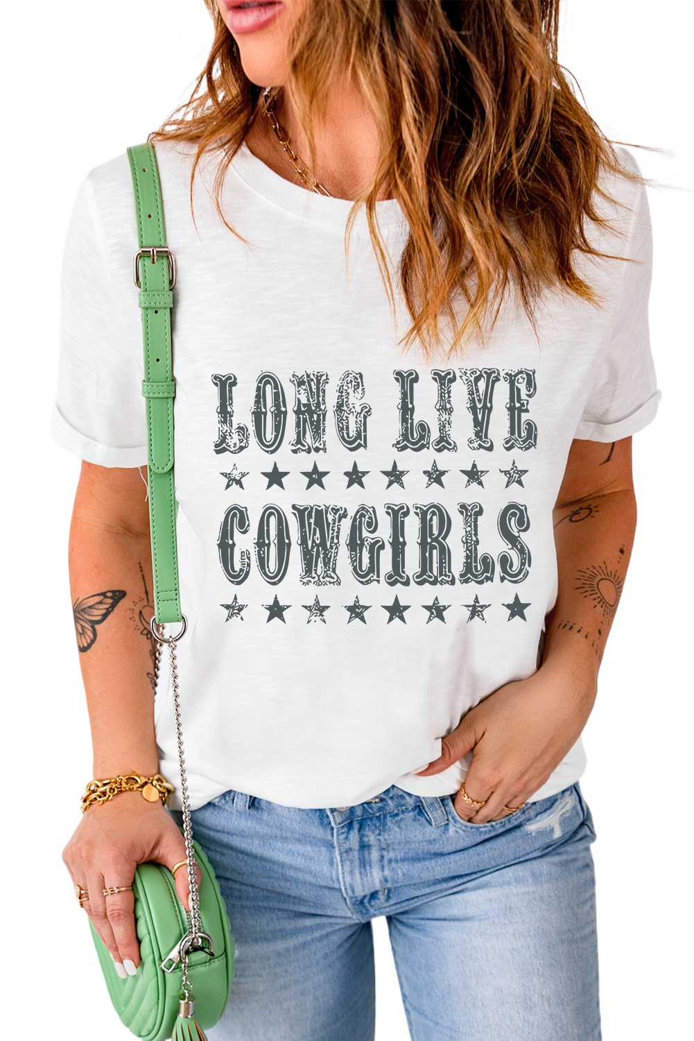 Women's Long Live Cowgirls Star Print Round Neck T-Shirt - Main View Women's Long Live Cowgirls Star Print Round Neck T-Shirt - Main View