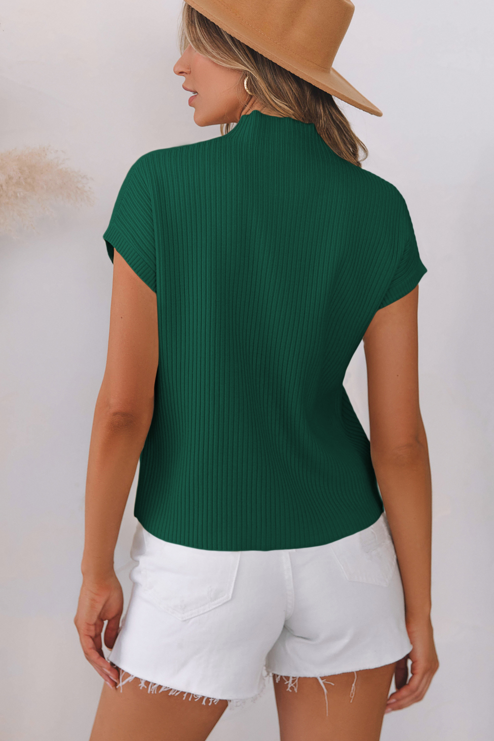 Women's Ribbed Knit Sweater, Casual Short Sleeve High Neck - Detail View 16 Women's Ribbed Knit Sweater, Casual Short Sleeve High Neck - Detail View 16