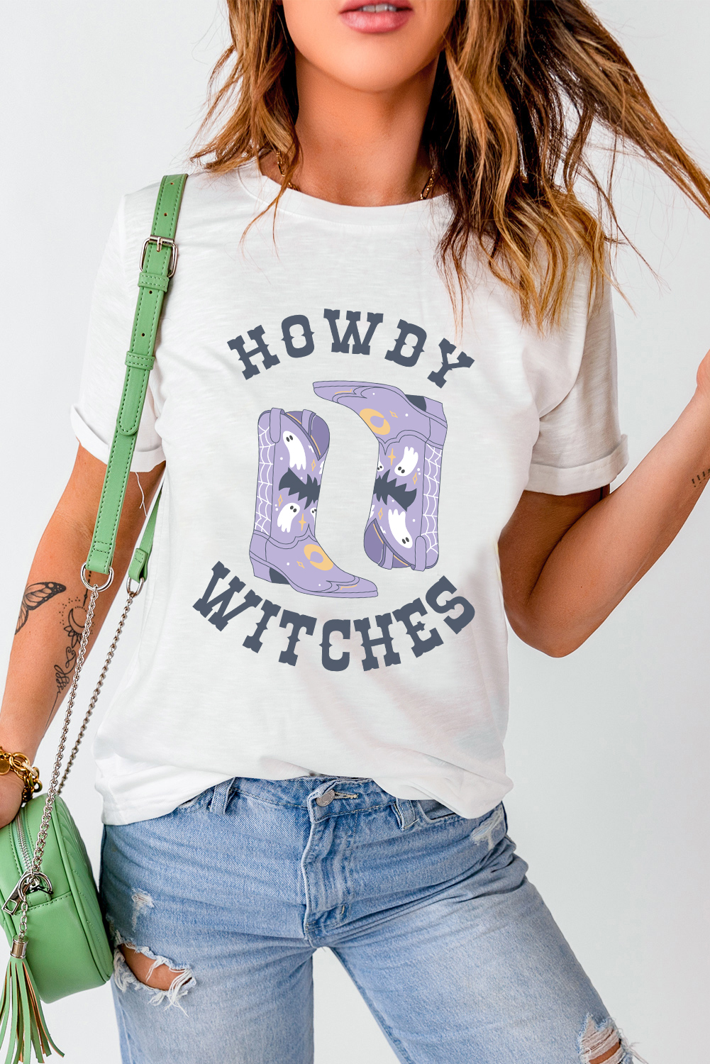 Halloween T-Shirt, HOWDY WITCHES, Boots Graphic, Crewneck, Casual, Comfortable, Summer Wear, Short Sleeves, Unique Design, Round Neck, Funny Tee, Graphic Tees, Women's Fashion - Detail View 10 Halloween T-Shirt, HOWDY WITCHES, Boots Graphic, Crewneck, Casual, Comfortable, Summer Wear, Short Sleeves, Unique Design, Round Neck, Funny Tee, Graphic Tees, Women's Fashion - Detail View 10