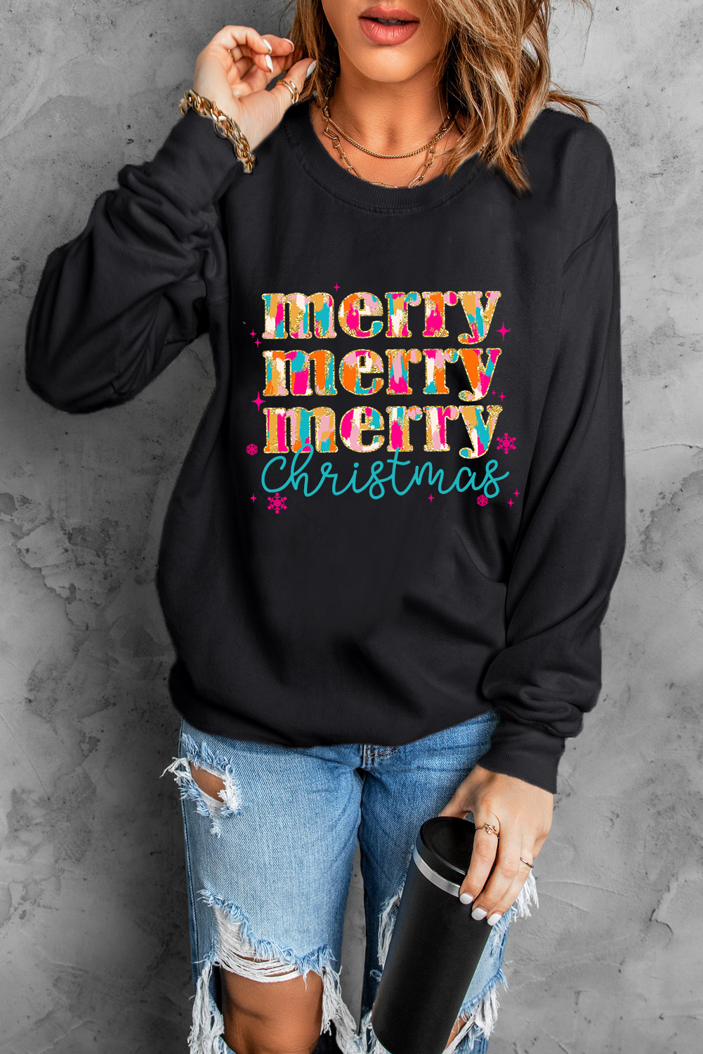 Cozy and Comfortable Black Christmas Sweatshirt with Vibrant Letter Print - Detail View 7 Cozy and Comfortable Black Christmas Sweatshirt with Vibrant Letter Print - Detail View 7
