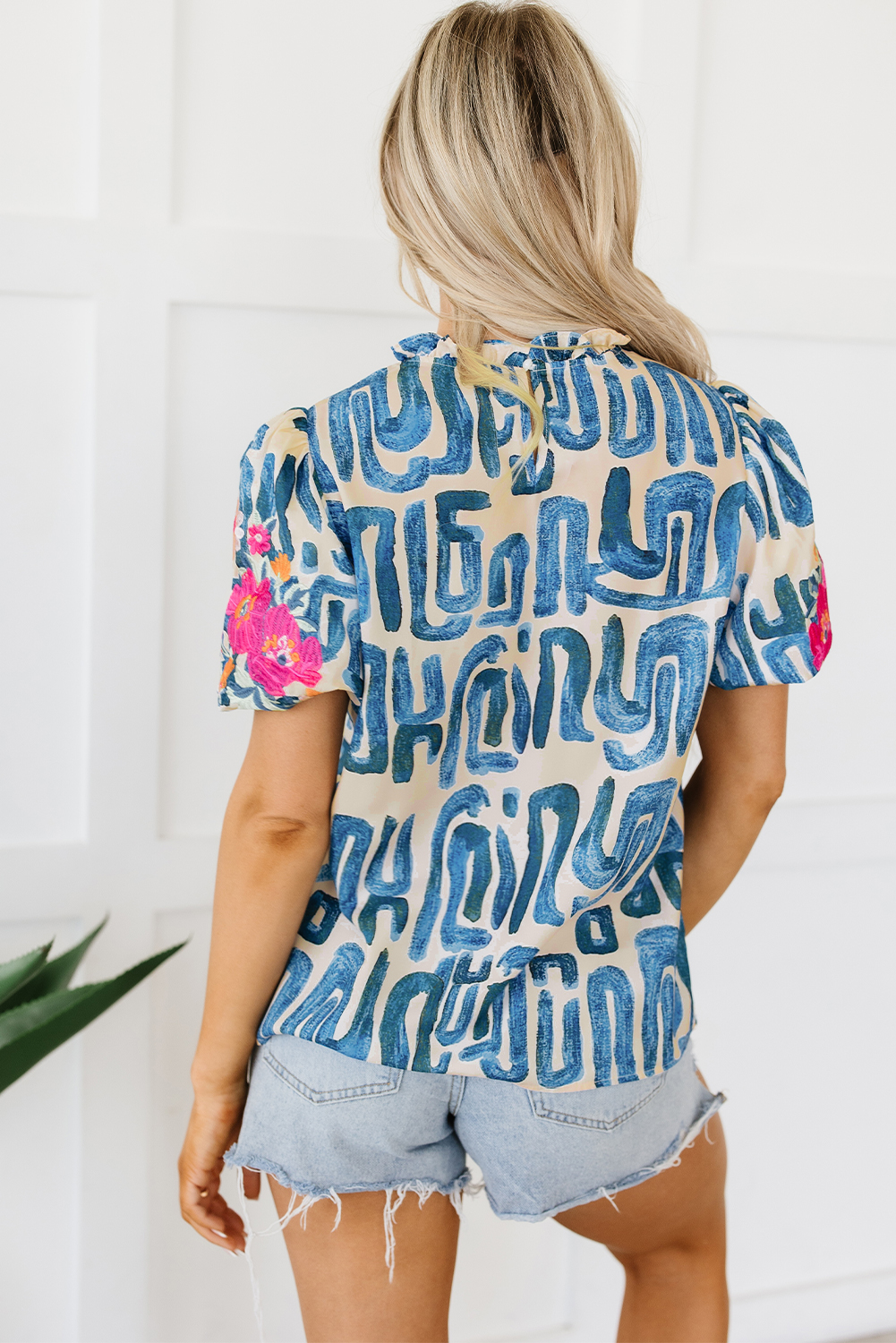 Abstract Print Ruffle Neck Top, Women's Embroidered Shirt - Detail View 2 Abstract Print Ruffle Neck Top, Women's Embroidered Shirt - Detail View 2