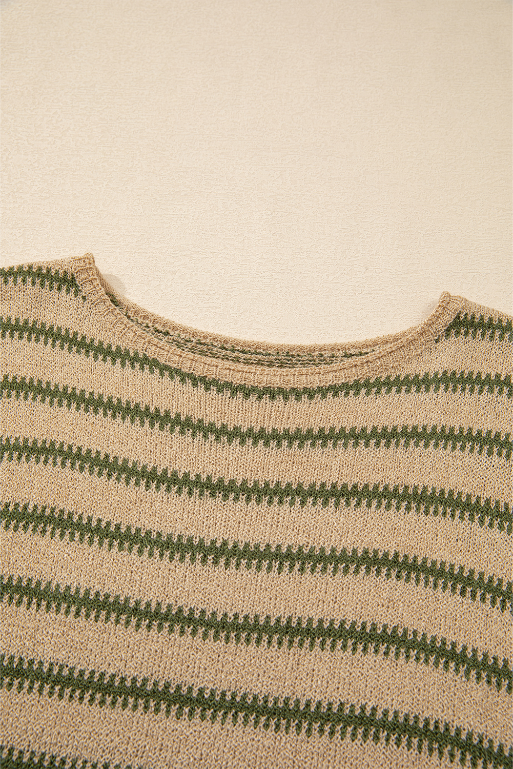 Relaxed Fit Khaki and White Striped Sweater with Drop Shoulder Design - Detail View 6 Relaxed Fit Khaki and White Striped Sweater with Drop Shoulder Design - Detail View 6