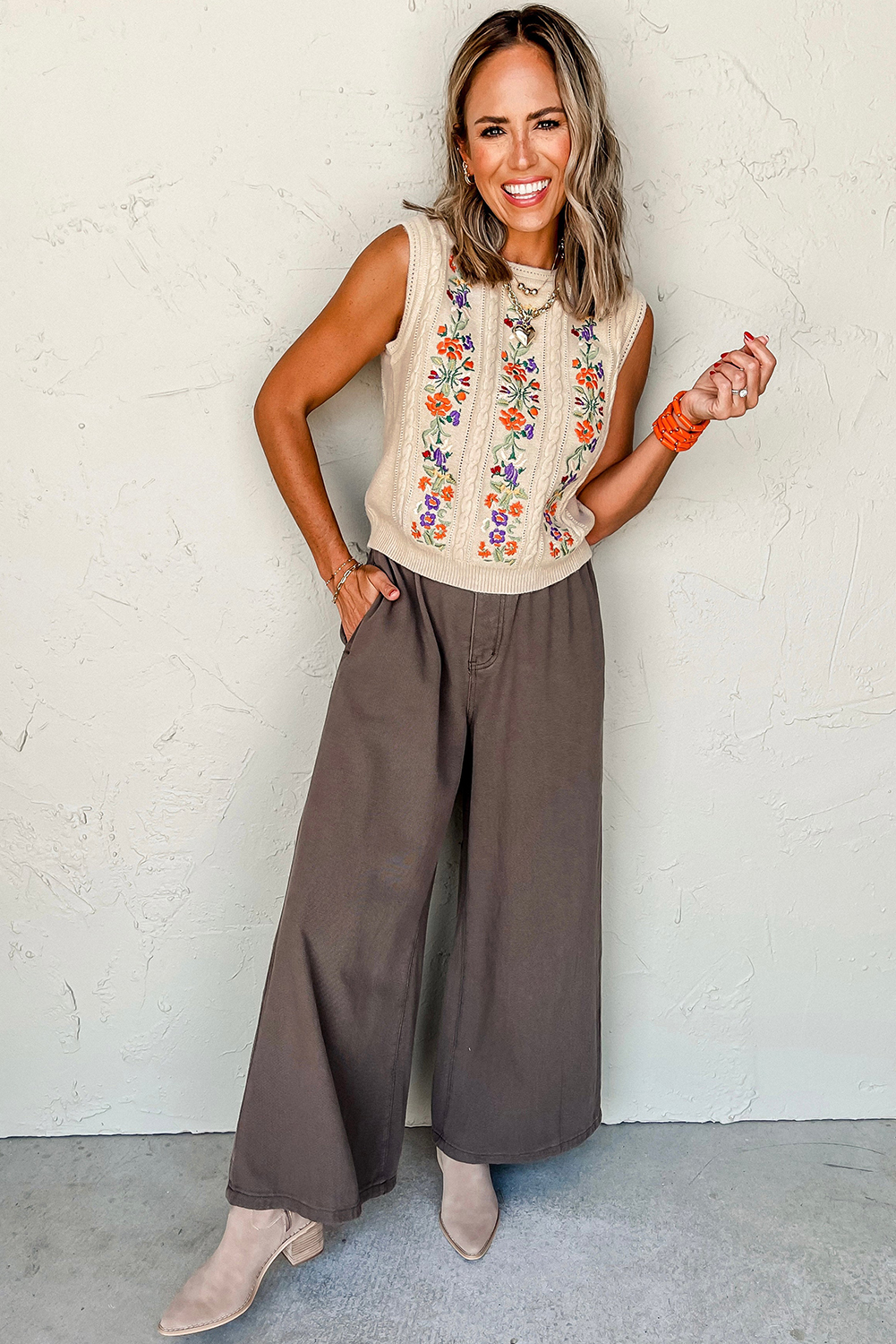 Stylish Cable Knit Sweater Vest - Perfect for Fall with Floral Design - Detail View 11 Stylish Cable Knit Sweater Vest - Perfect for Fall with Floral Design - Detail View 11