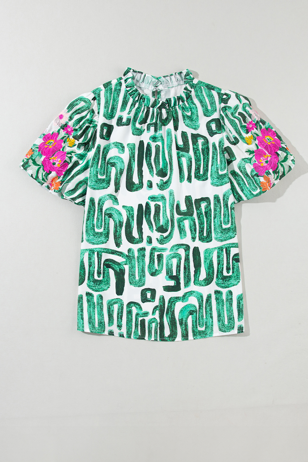 Floral Embroidered Puff Sleeve Top, Casual Stand Neck Blouse - Detail View 8 Floral Embroidered Puff Sleeve Top, Casual Stand Neck Blouse - Detail View 8