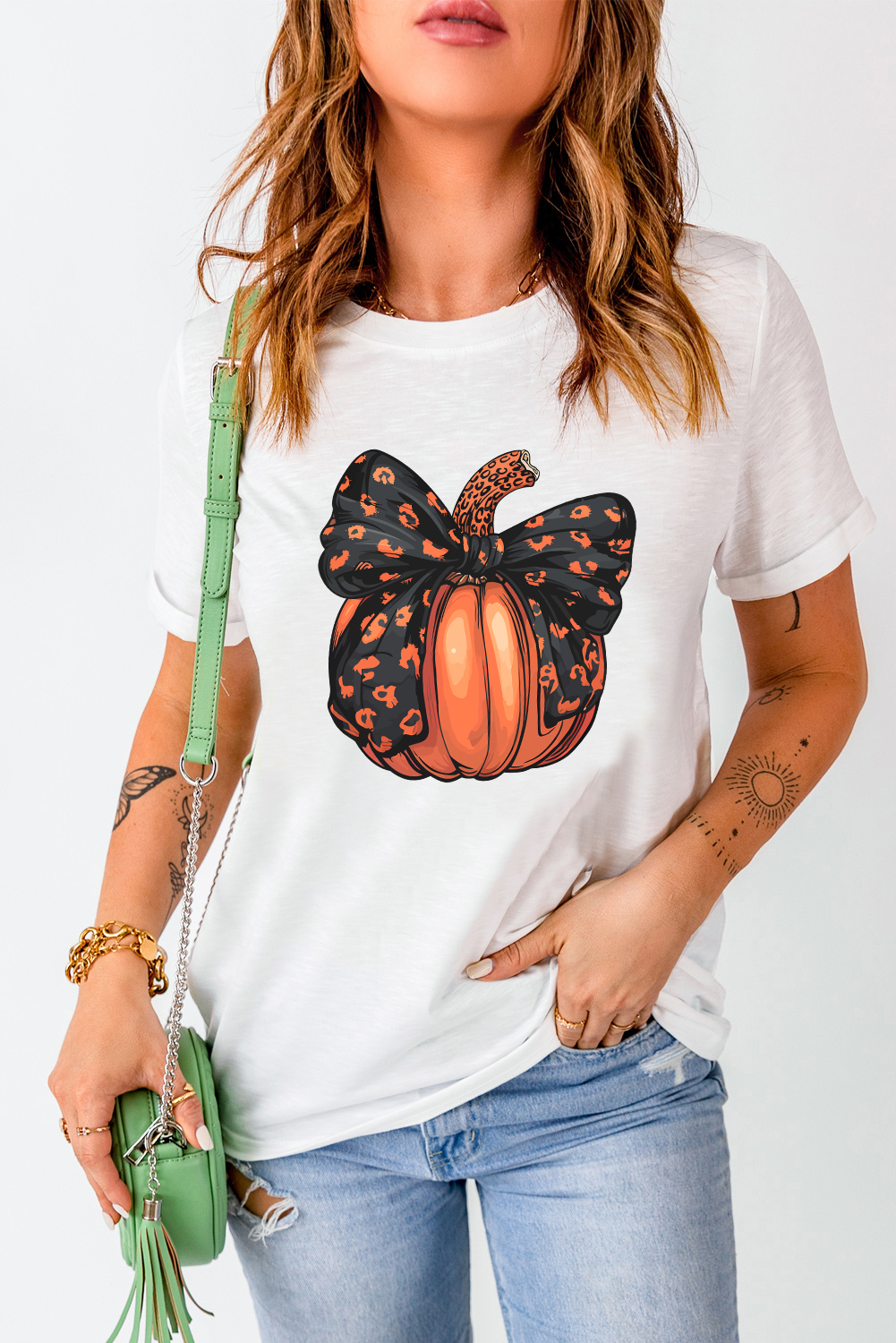 Women's White Halloween Pumpkin Graphic Crewneck T-Shirt with Bowknot Detail - Detail View 6 Women's White Halloween Pumpkin Graphic Crewneck T-Shirt with Bowknot Detail - Detail View 6