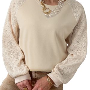 Women's Parchment Eyelet Knit Patchwork Raglan Sleeve Pullover Top - Main View