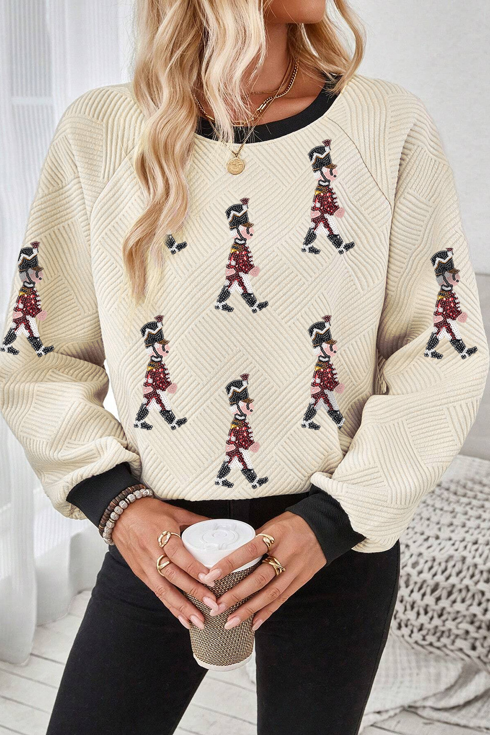 Women's Top, Jet Stream, Long Sleeve, Sequin Nutcracker, Colorblock Trim, Textured Fabric, Casual Style, Holiday Fashion, Christmas Graphic Tee, Cozy Wear, Trendy Design, Shift Silhouette, Round Neck, Autumn Fashion - Detail View 4 Women's Top, Jet Stream, Long Sleeve, Sequin Nutcracker, Colorblock Trim, Textured Fabric, Casual Style, Holiday Fashion, Christmas Graphic Tee, Cozy Wear, Trendy Design, Shift Silhouette, Round Neck, Autumn Fashion - Detail View 4