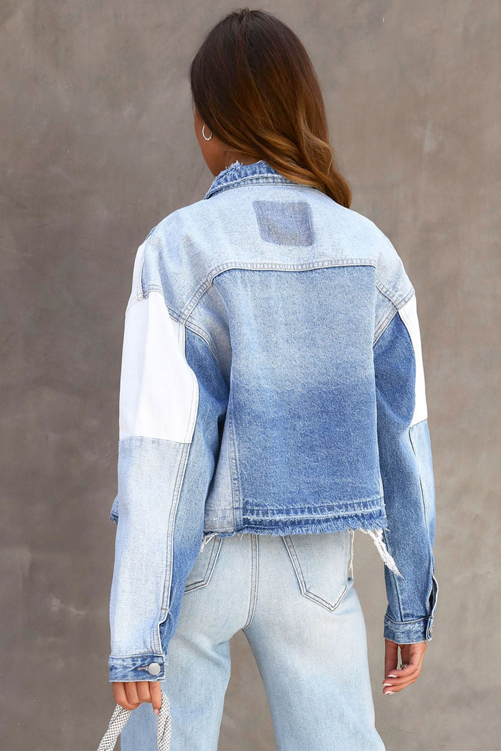 Women's Colorblock Denim Jacket, Casual Patchwork Outerwear - Detail View 13 Women's Colorblock Denim Jacket, Casual Patchwork Outerwear - Detail View 13