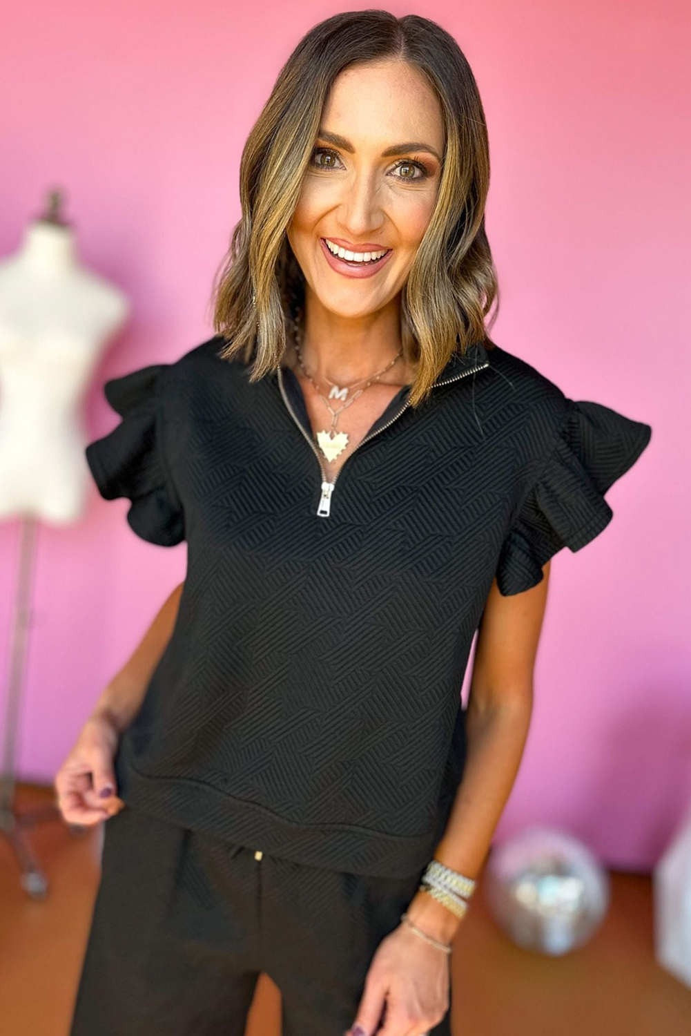 Women's Black Two Piece Set, Flutter Sleeve Top and Pants - Detail View 7 Women's Black Two Piece Set, Flutter Sleeve Top and Pants - Detail View 7