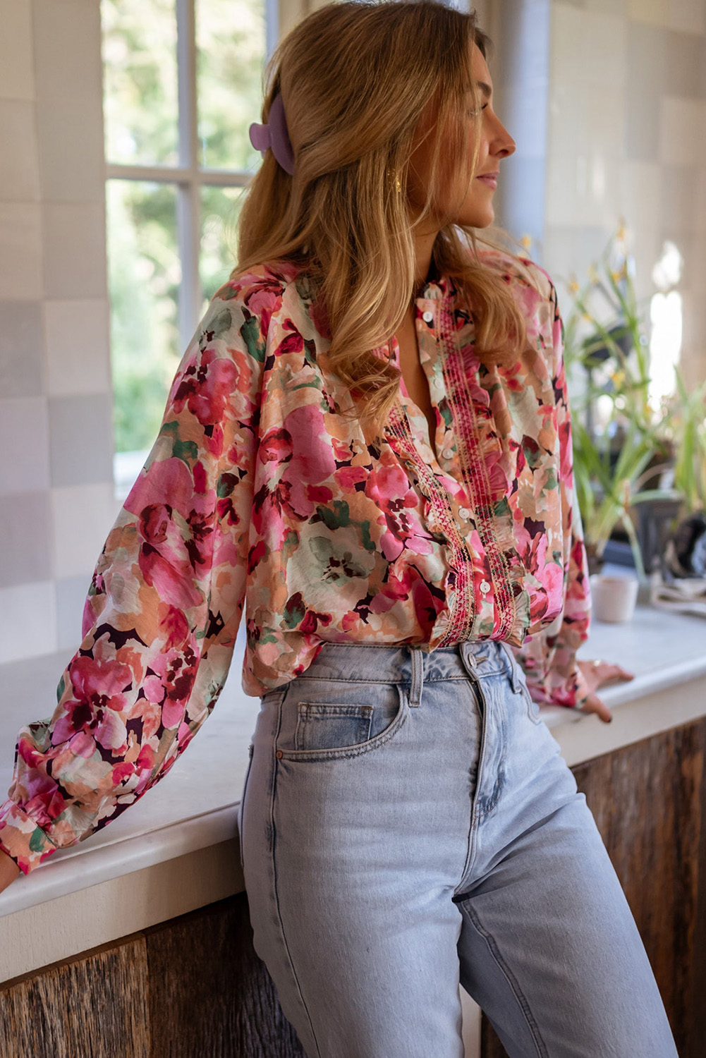 Chic and Trendy Women's Spring Shirt - Red Floral Print, Loose Fit - Detail View 3 Chic and Trendy Women's Spring Shirt - Red Floral Print, Loose Fit - Detail View 3