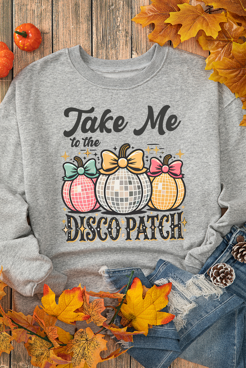 Cozy and Playful Thanksgiving Graphic Sweatshirt - Gray Bowknot Pumpkin Design - Detail View 2 Cozy and Playful Thanksgiving Graphic Sweatshirt - Gray Bowknot Pumpkin Design - Detail View 2