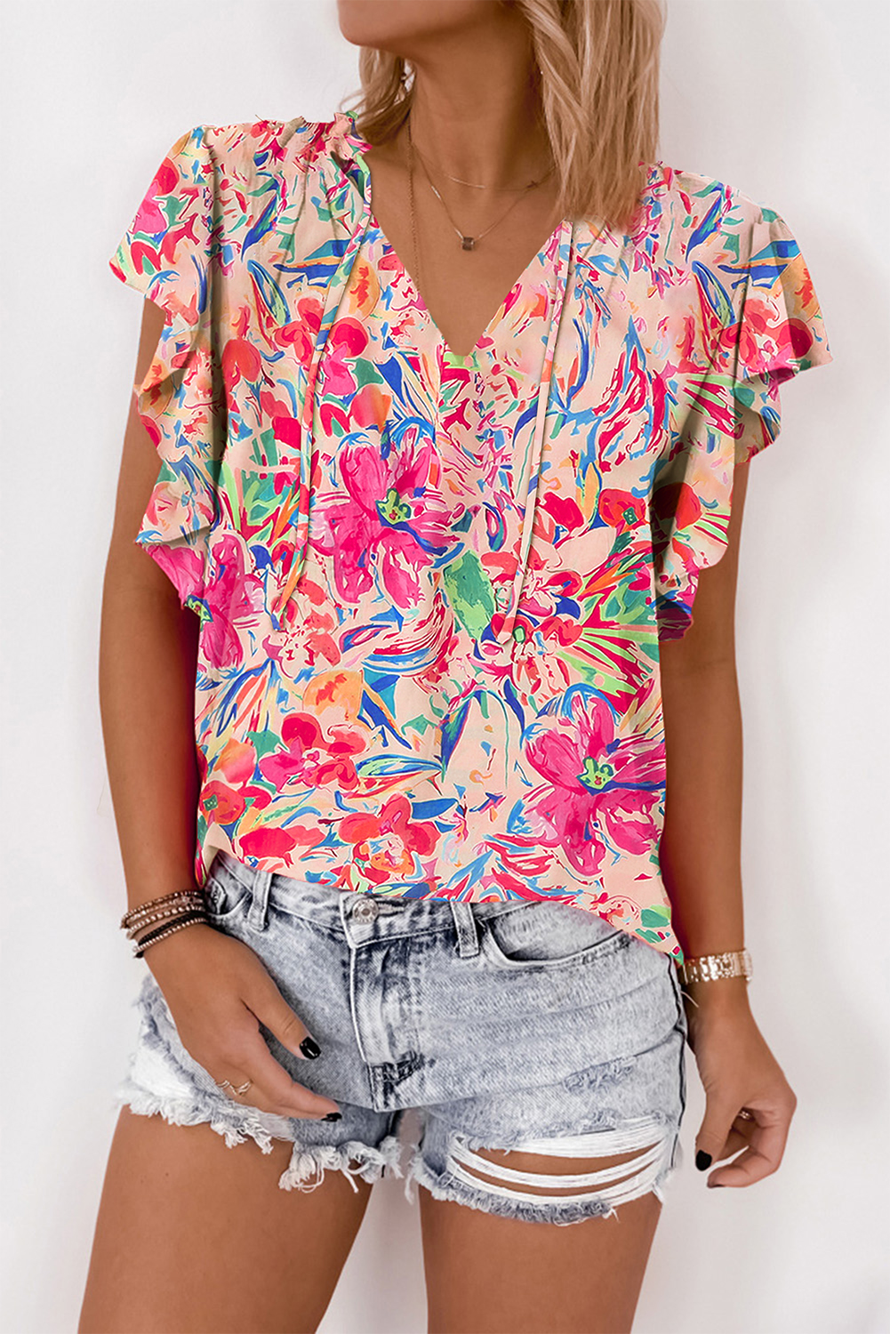 Casual Floral Print Summer Blouse, Women's Tie Front Shirt - Detail View 2 Casual Floral Print Summer Blouse, Women's Tie Front Shirt - Detail View 2