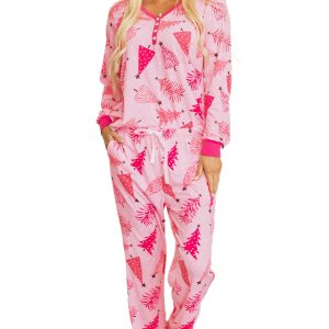 Women's Pink Christmas Tree Lounge Set, Long Sleeve Pajamas - Main View