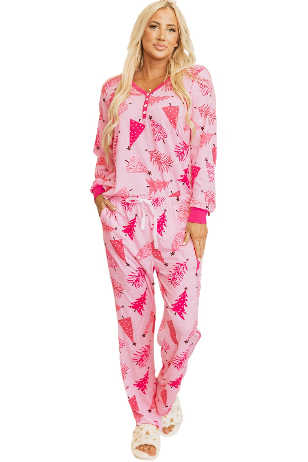 Women's Pink Christmas Tree Lounge Set, Long Sleeve Pajamas - Main View Women's Pink Christmas Tree Lounge Set, Long Sleeve Pajamas - Main View