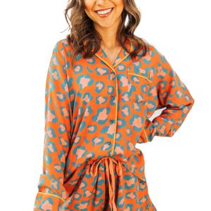 Women's Wild Orange Leopard Print Long Sleeve Pajama Set - Main View
