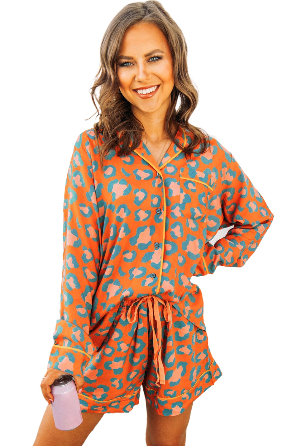 Women's Wild Orange Leopard Print Long Sleeve Pajama Set - Main View Women's Wild Orange Leopard Print Long Sleeve Pajama Set - Main View