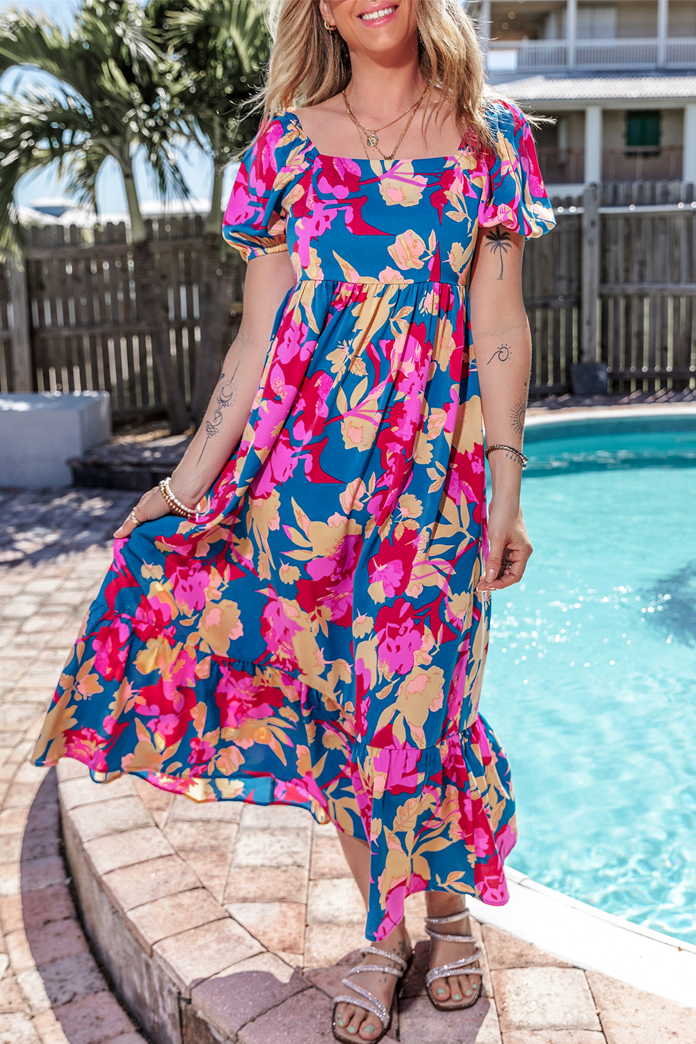 Women's Floral Maxi Dress, Square Neck Casual Summer Outfit - Detail View 4 Women's Floral Maxi Dress, Square Neck Casual Summer Outfit - Detail View 4