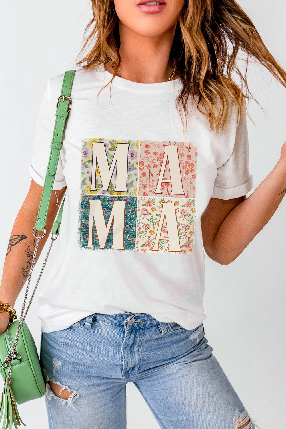 Women's White MAMA Floral Block Graphic Casual T-Shirt - Detail View 6 Women's White MAMA Floral Block Graphic Casual T-Shirt - Detail View 6