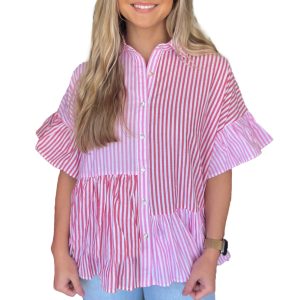 Women's Pink Stripe Blouse, Ruffled Patchwork Button Down - Main View