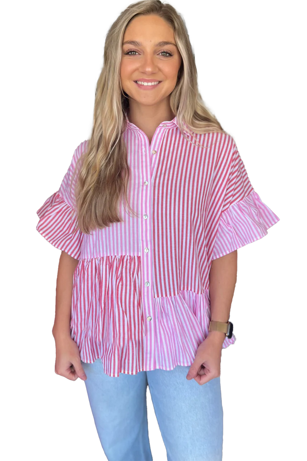 Women's Pink Stripe Blouse, Ruffled Patchwork Button Down - Main View Women's Pink Stripe Blouse, Ruffled Patchwork Button Down - Main View