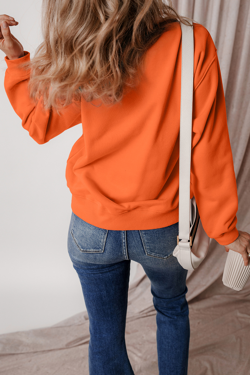 Women's Sweatshirt, Russet Orange, Sequin, Ghost Pattern, Halloween, Graphic Tee, Casual, Spooky Season, Holiday Wear, Long Sleeve, Round Neck, Shift Silhouette, Sequined Details - Detail View 4 Women's Sweatshirt, Russet Orange, Sequin, Ghost Pattern, Halloween, Graphic Tee, Casual, Spooky Season, Holiday Wear, Long Sleeve, Round Neck, Shift Silhouette, Sequined Details - Detail View 4